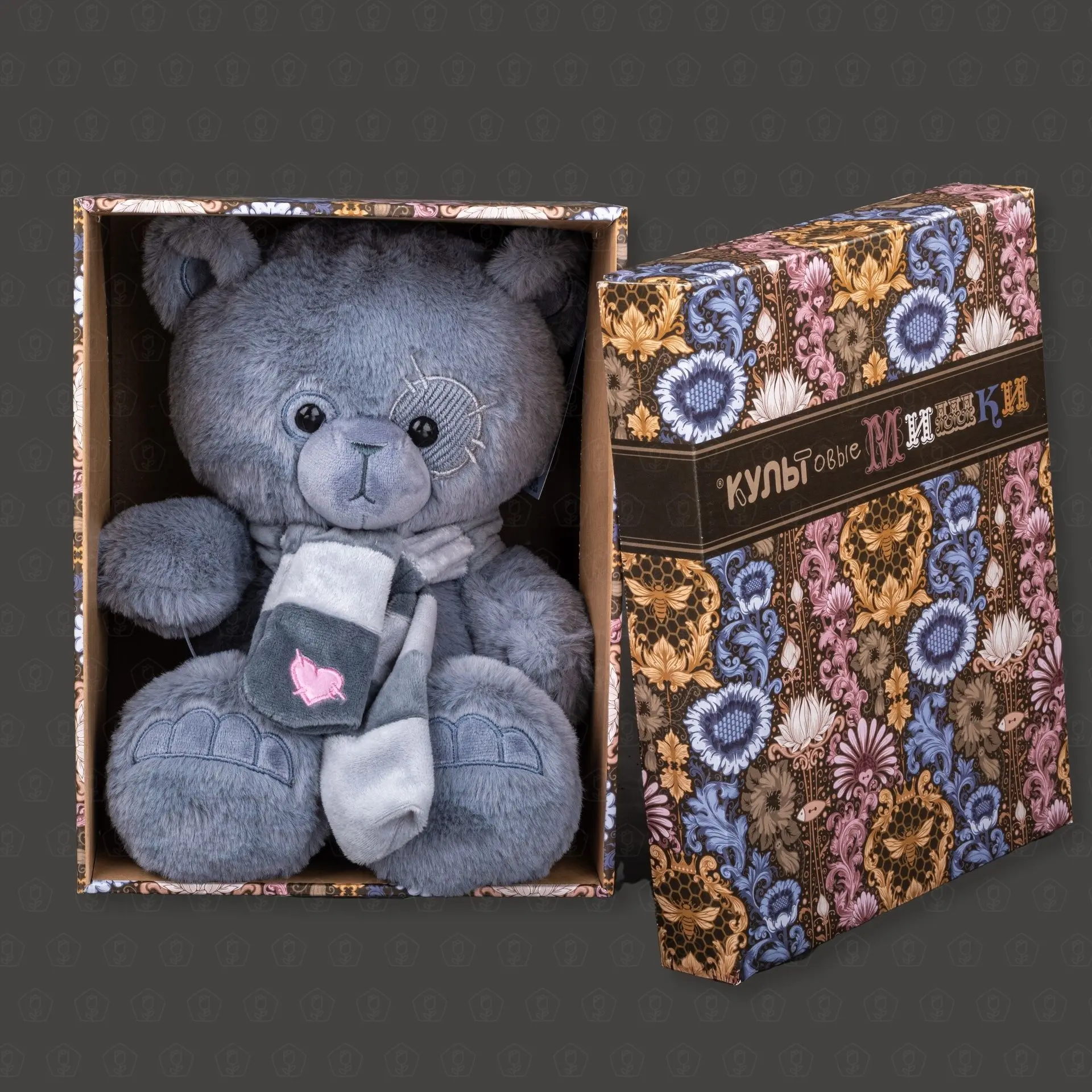 Мягкая игрушка "Медведь Френки с шарфом серый" 25 см